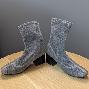 Women's (Size 37) Shimmering Silver No-Slip Ankle Booties With Angled Block Heel